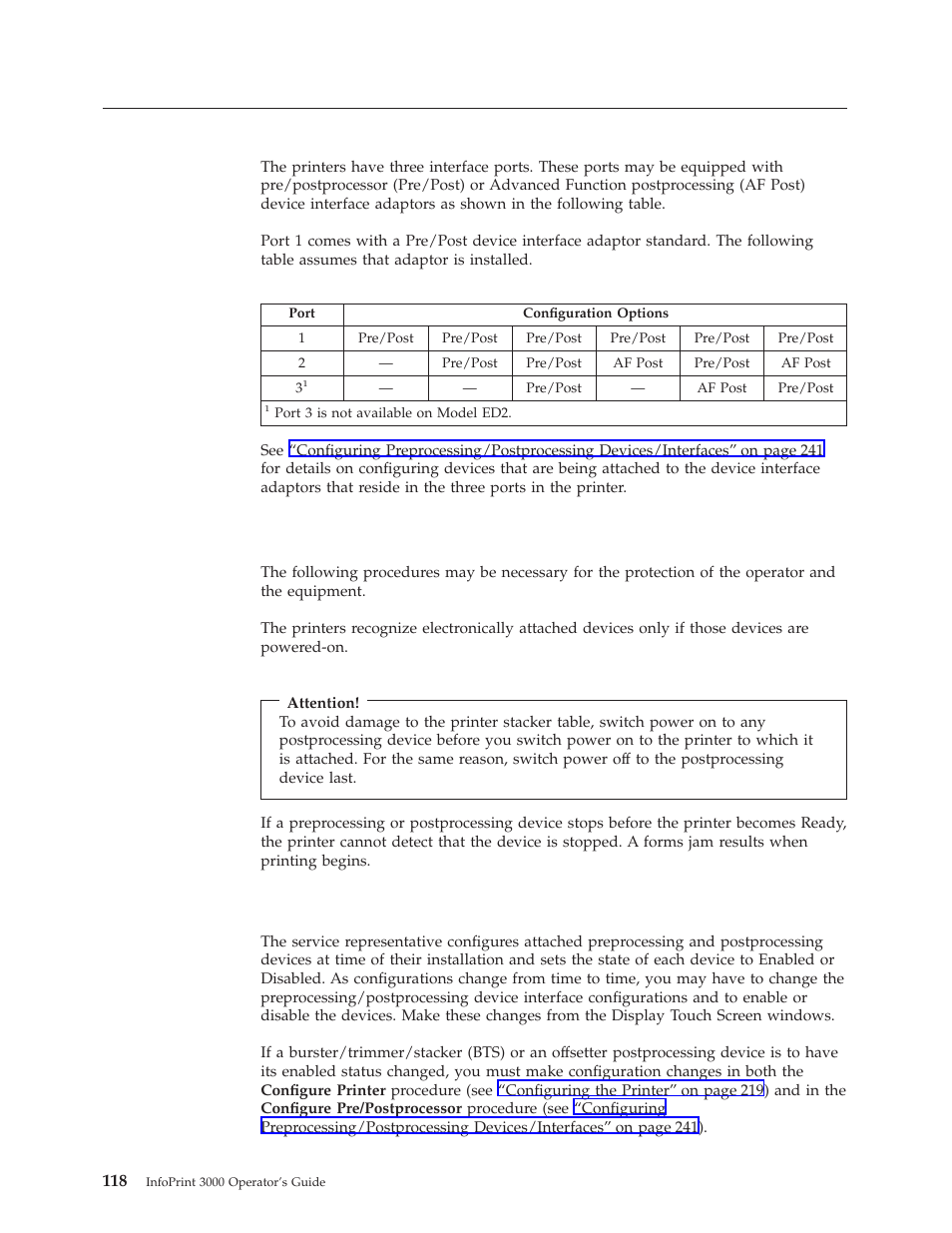 Preprocessing and postprocessing instructions, Powering on and off pre/post devices, Enabling/disabling pre/post interfaces | Pre/postprocessor interface options | IBM INFO PRINT 3000 User Manual | Page 150 / 346