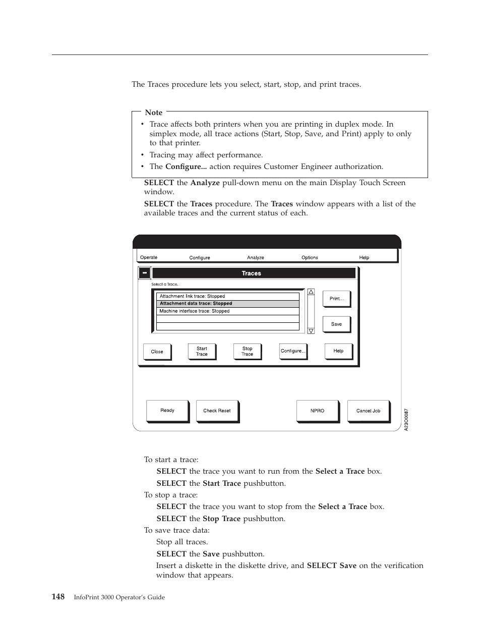 Running traces, Traces window | IBM INFO PRINT 3000 User Manual | Page 180 / 346