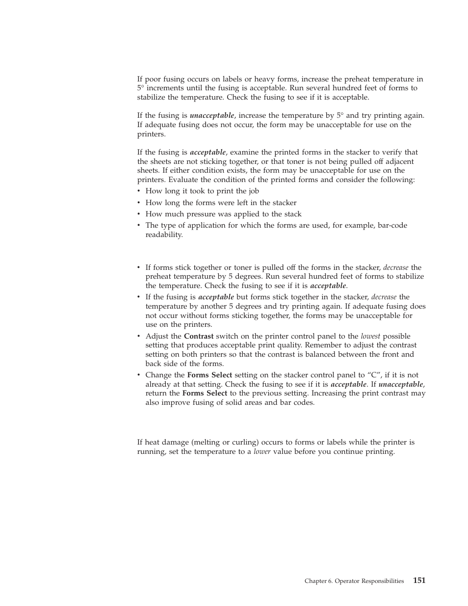 Poor fusing - simplex mode, Forms stick together, Heat damage — printer running | IBM INFO PRINT 3000 User Manual | Page 183 / 346