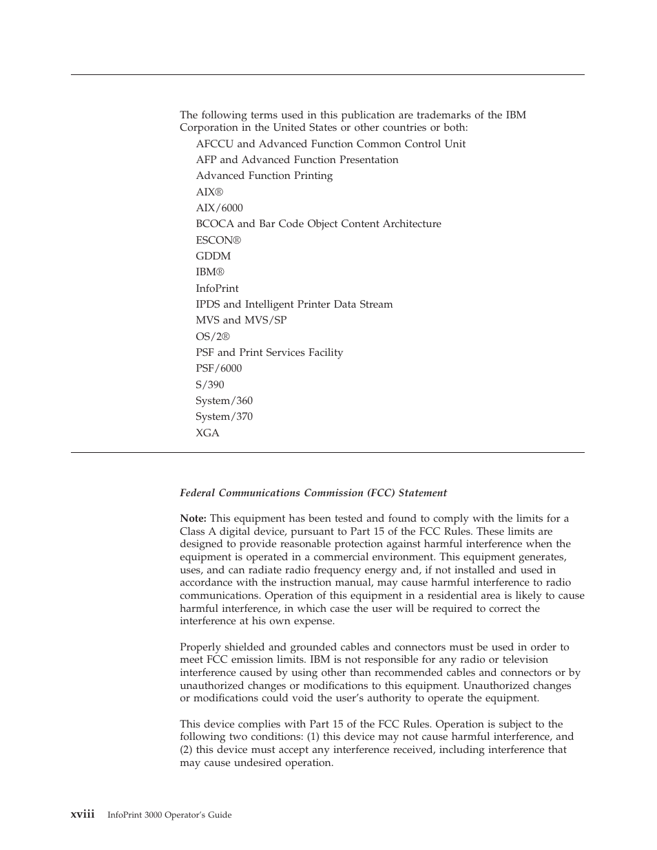 Trademarks, Xviii, Communication statements | IBM INFO PRINT 3000 User Manual | Page 20 / 346