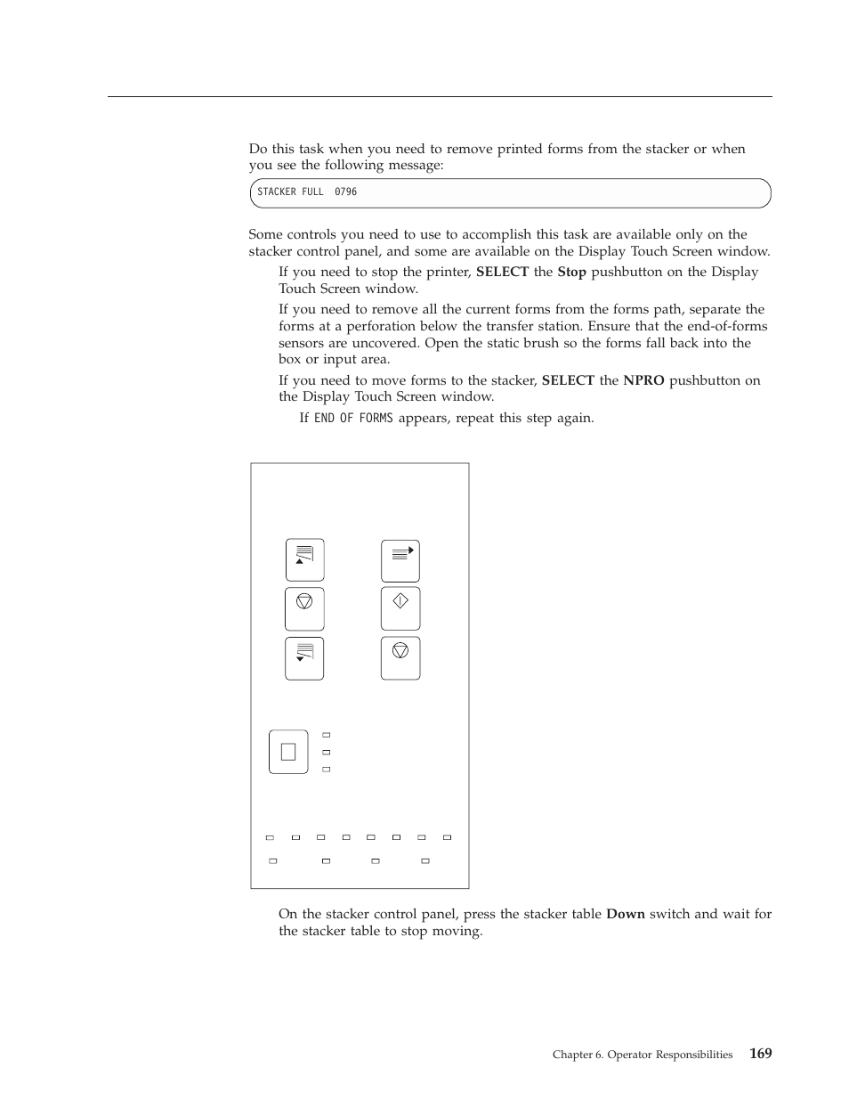 Unloading the stacker, Unloading the, Forms select forms length table forms feed | IBM INFO PRINT 3000 User Manual | Page 201 / 346