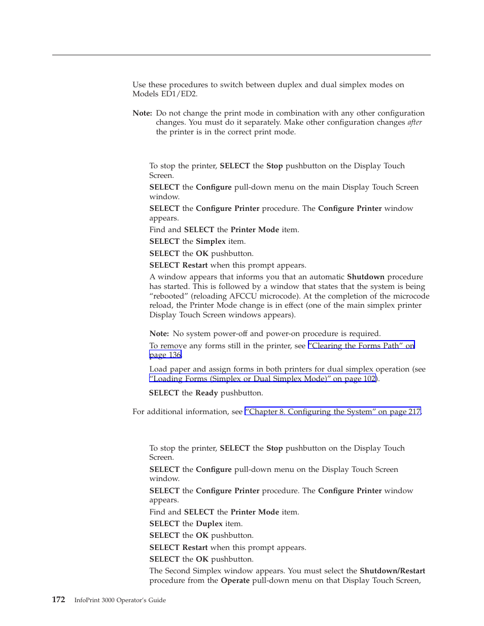 Switching printer modes (dual simplex/duplex), Switching from duplex to dual simplex mode, Switching from dual simplex to duplex mode | Switching, Printer modes (dual simplex/duplex)” on | IBM INFO PRINT 3000 User Manual | Page 204 / 346