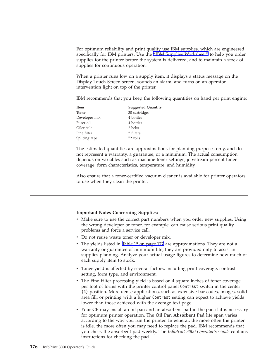 Supplies, Ibm supplies worksheet | IBM INFO PRINT 3000 User Manual | Page 208 / 346