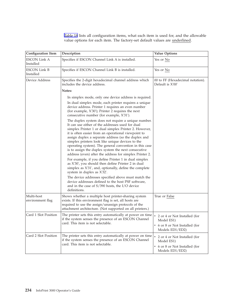 Escon channel configuration information, Escon channel attachment items | IBM INFO PRINT 3000 User Manual | Page 266 / 346