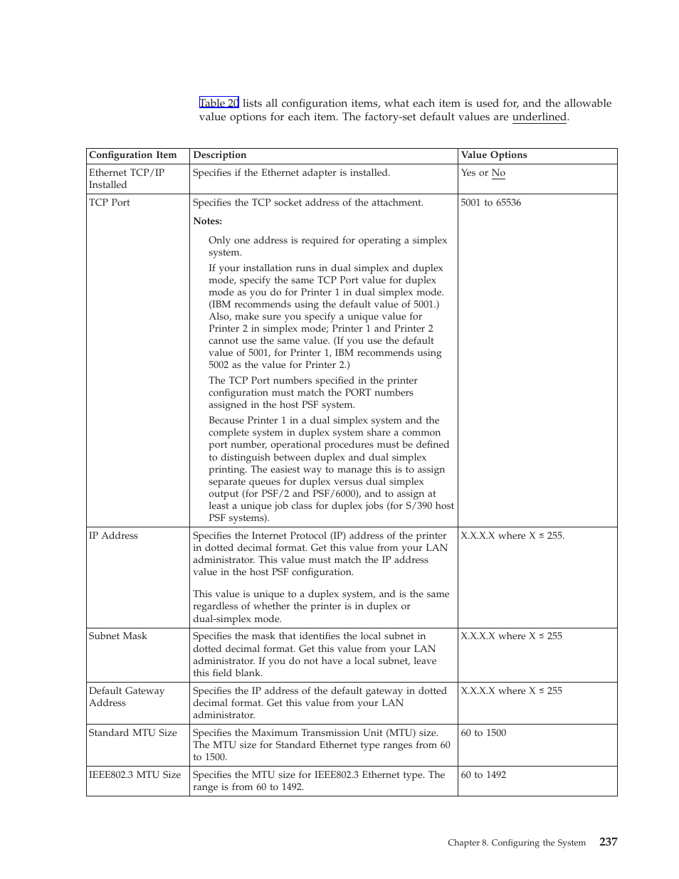 Ethernet tcp/ip attachment information, Ethernet tcp/ip attachment items | IBM INFO PRINT 3000 User Manual | Page 269 / 346