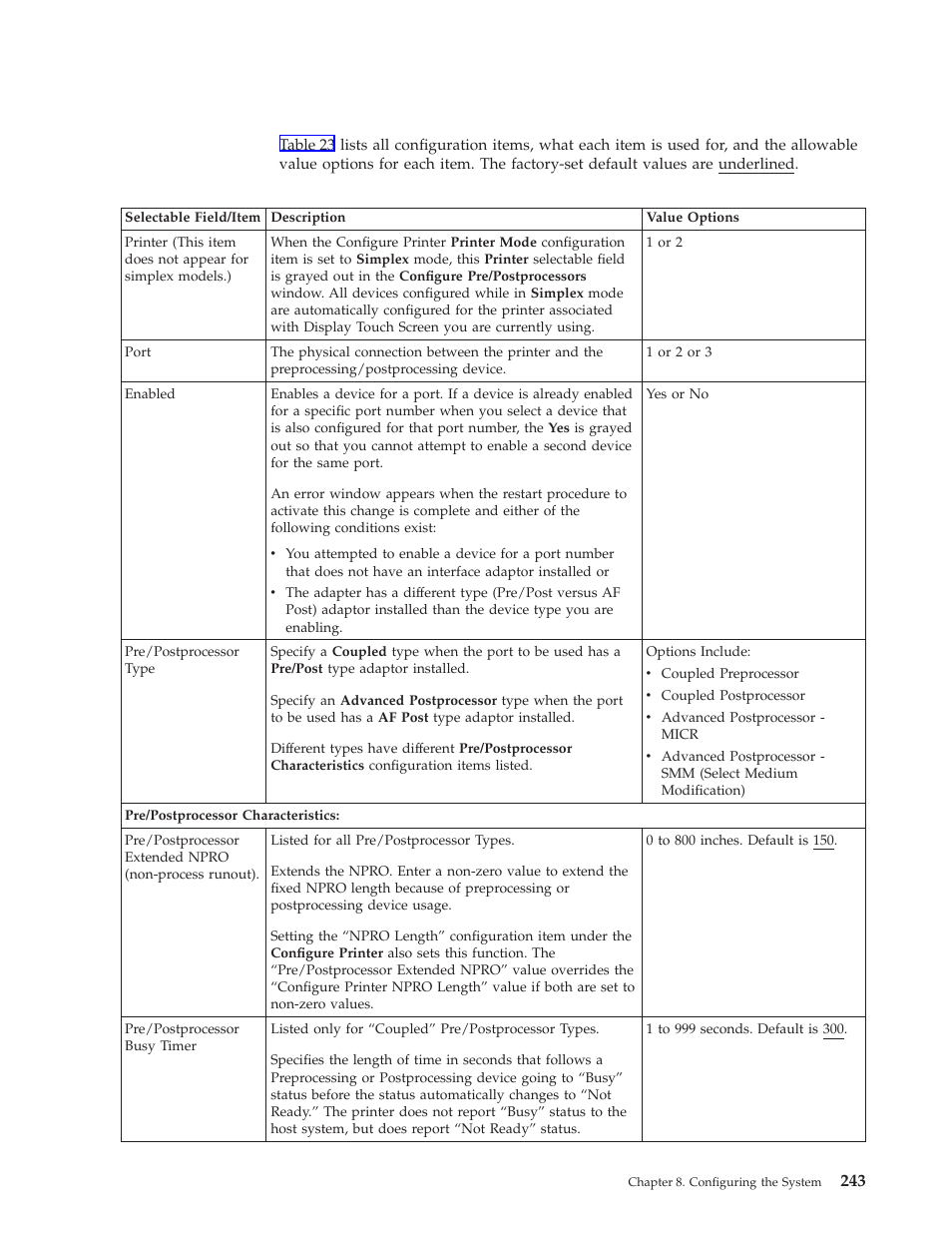 Pre/postprocessor configuration values, Pre/postprocessor device configuration, Items | IBM INFO PRINT 3000 User Manual | Page 275 / 346