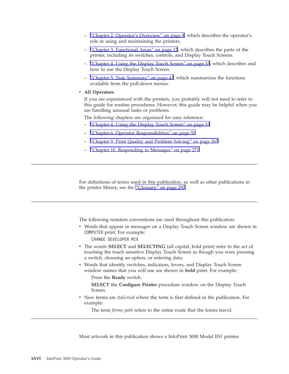 Terminology, Xxvi, Notation conventions | Pictorial conventions | IBM INFO PRINT 3000 User Manual | Page 28 / 346