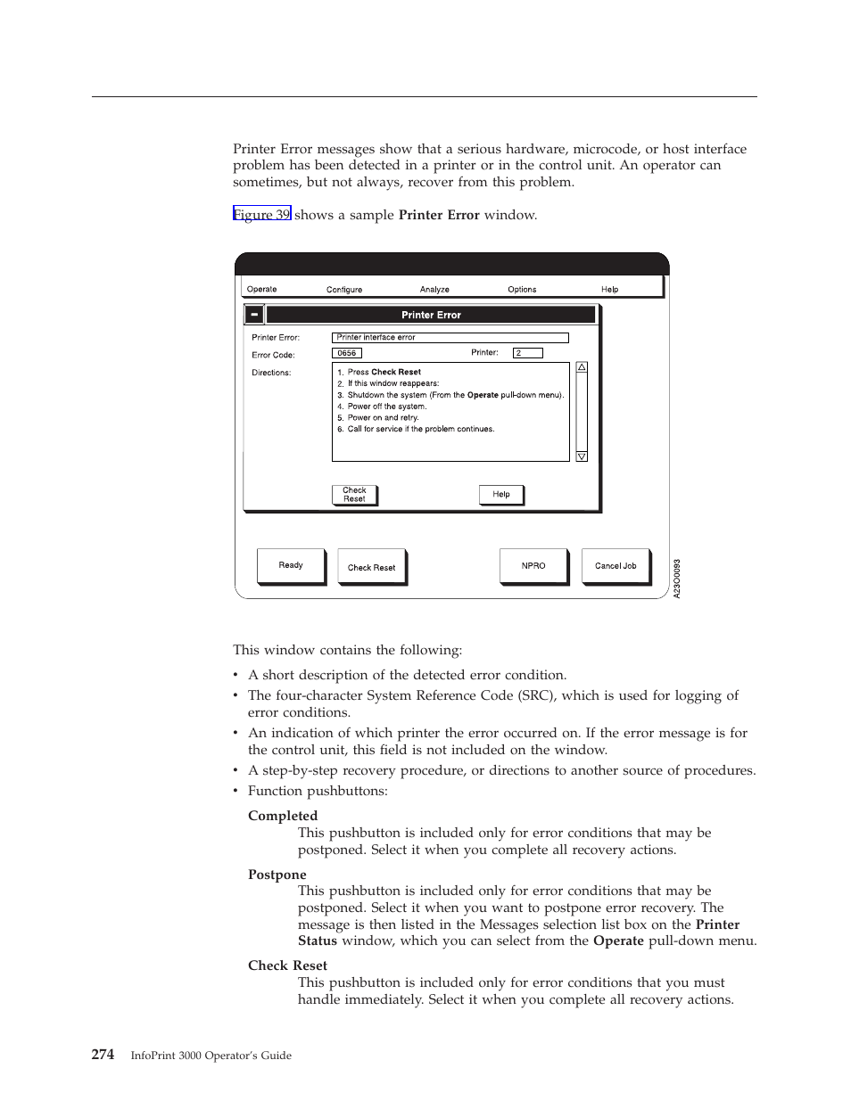 Printer error messages, Printer error window | IBM INFO PRINT 3000 User Manual | Page 306 / 346