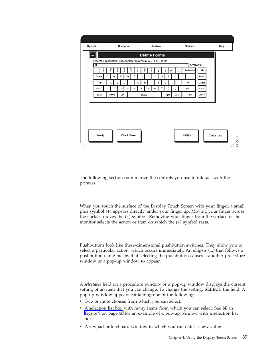Fingertip control, Pushbuttons, Selectable field | Alphanumeric keyboard window | IBM INFO PRINT 3000 User Manual | Page 69 / 346
