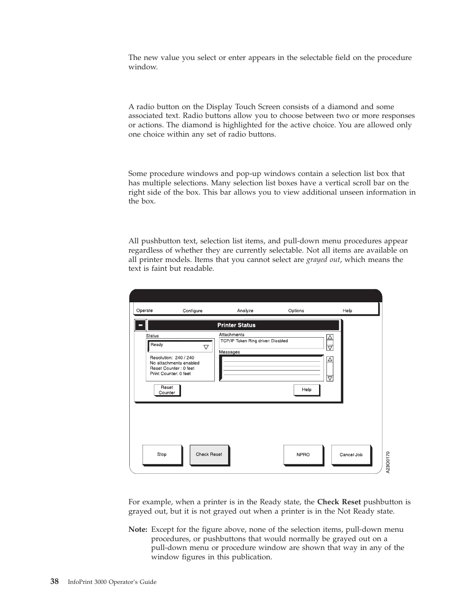 Radio buttons, Scroll bar, Inactive items | Grayed out check reset pushbutton | IBM INFO PRINT 3000 User Manual | Page 70 / 346