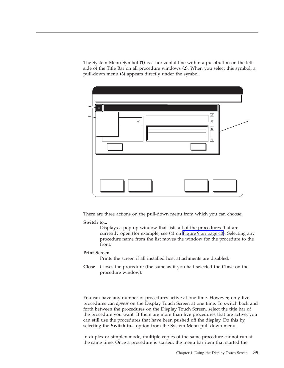 Control procedures, System menu, Multiple procedures | System menu symbol - pull-down menu, Control procedures system menu | IBM INFO PRINT 3000 User Manual | Page 71 / 346