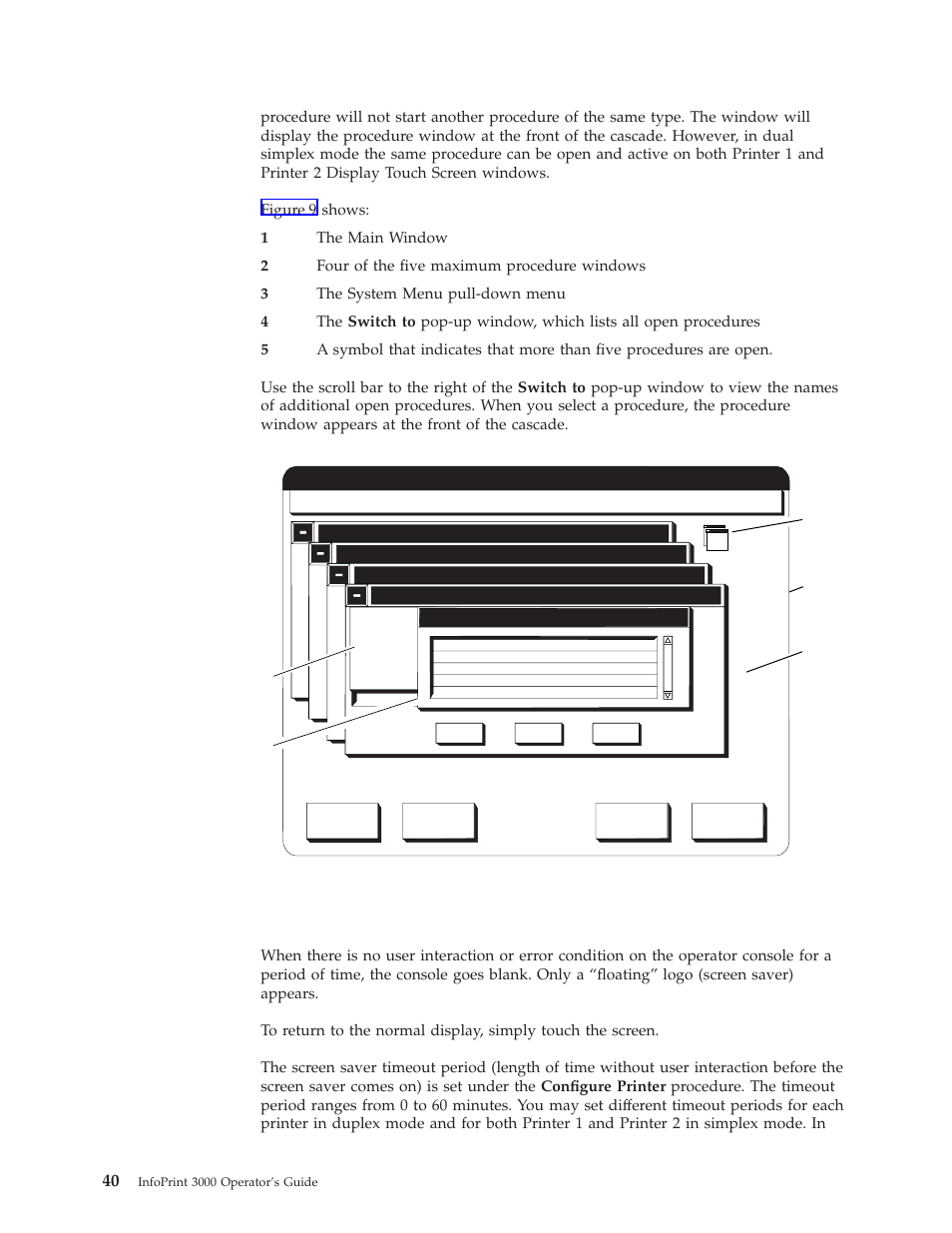 Screen saver timeout, Procedure windows in cascade format | IBM INFO PRINT 3000 User Manual | Page 72 / 346