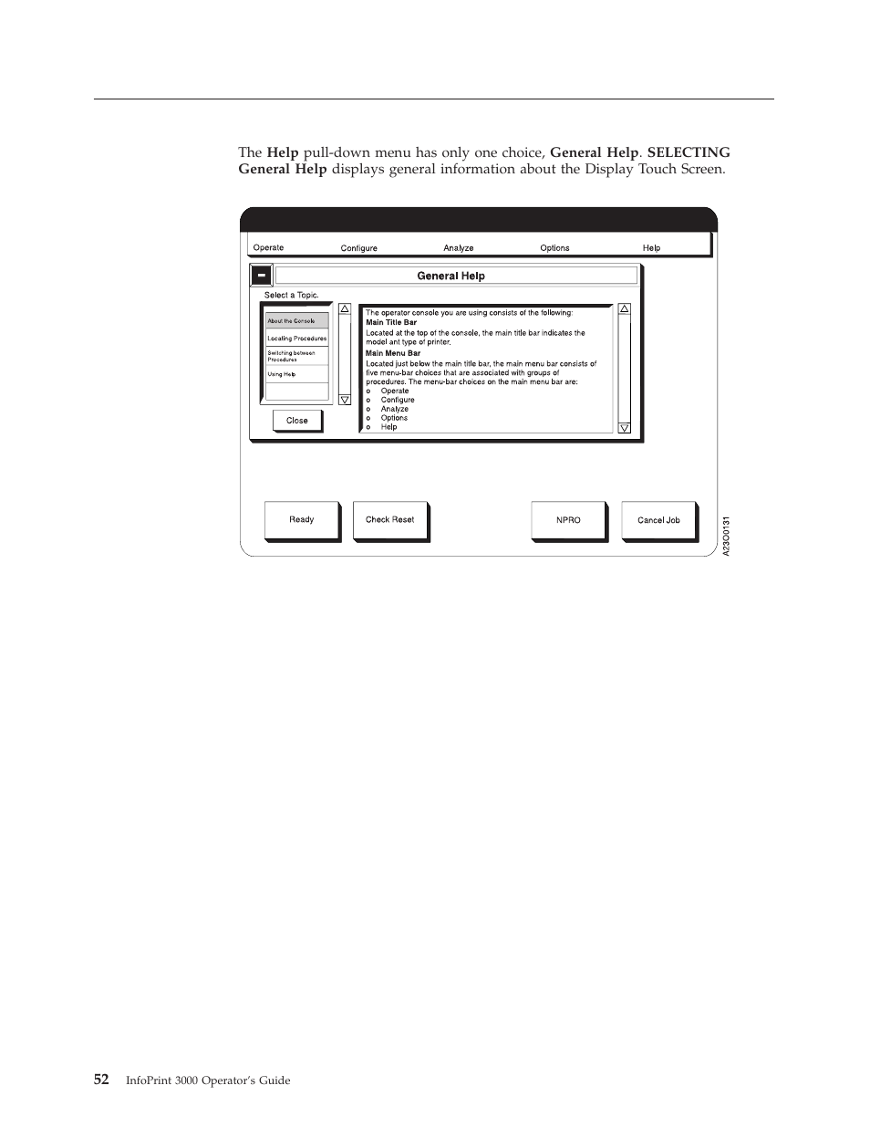 Help pull-down menu, General help window | IBM INFO PRINT 3000 User Manual | Page 84 / 346