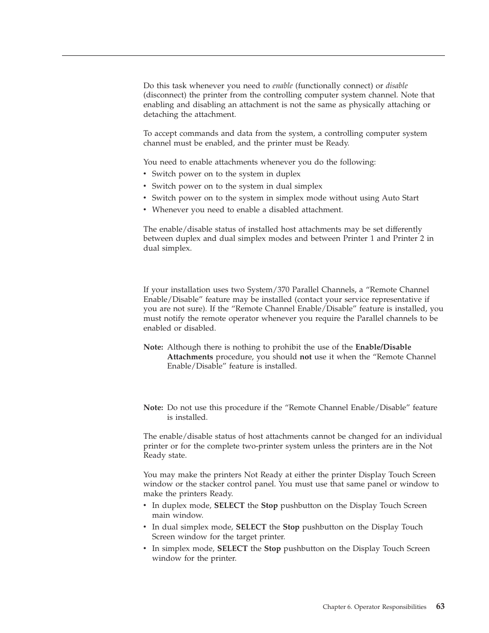 Enabling and disabling attachments, Remote channel enable/disable, Local channel enable/disable | Enabling and disabling | IBM INFO PRINT 3000 User Manual | Page 95 / 346