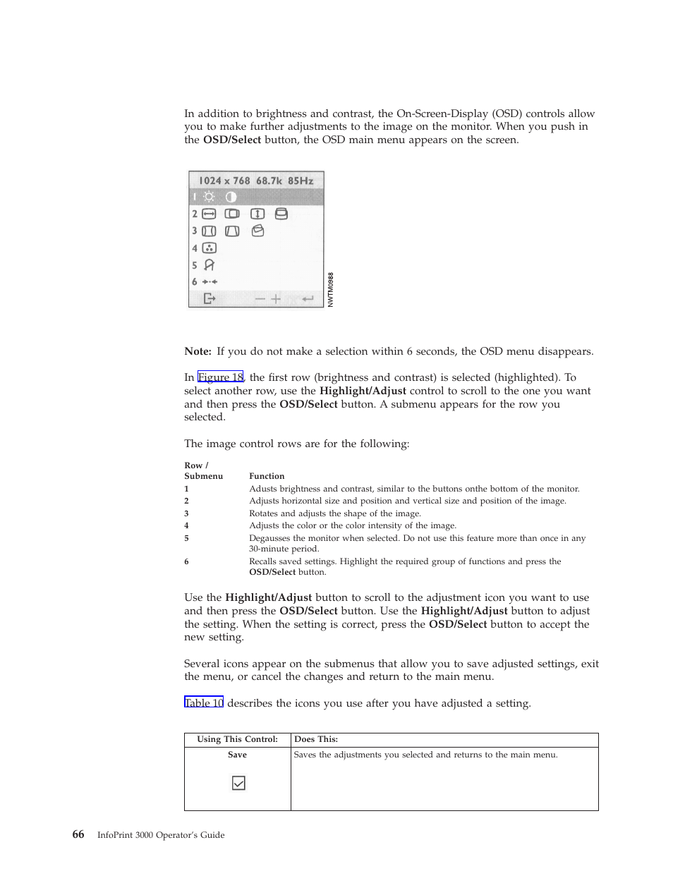 On-screen-display controls, On-screen-display main menu, Submenu icons | IBM INFO PRINT 3000 User Manual | Page 98 / 346