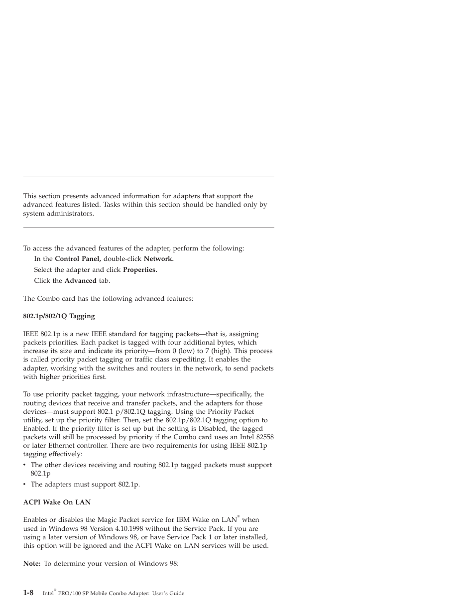 Advanced features, Advanced adapter features | IBM MOBILE COMBO ADAPTER PRO/100 SP User Manual | Page 16 / 72