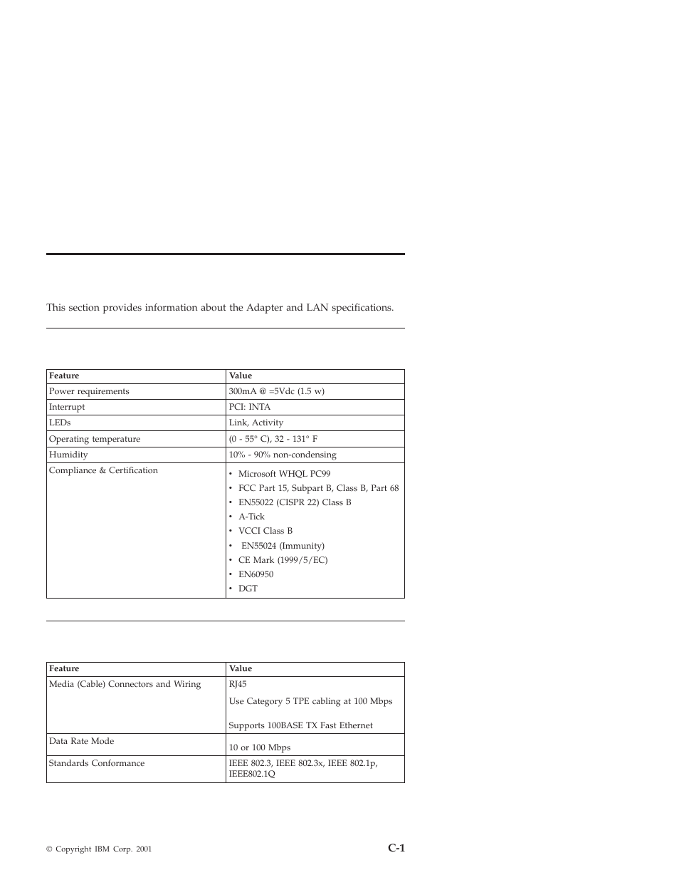 Appendix c. specifications, Adapter specifications, Lan specifications | IBM MOBILE COMBO ADAPTER PRO/100 SP User Manual | Page 43 / 72