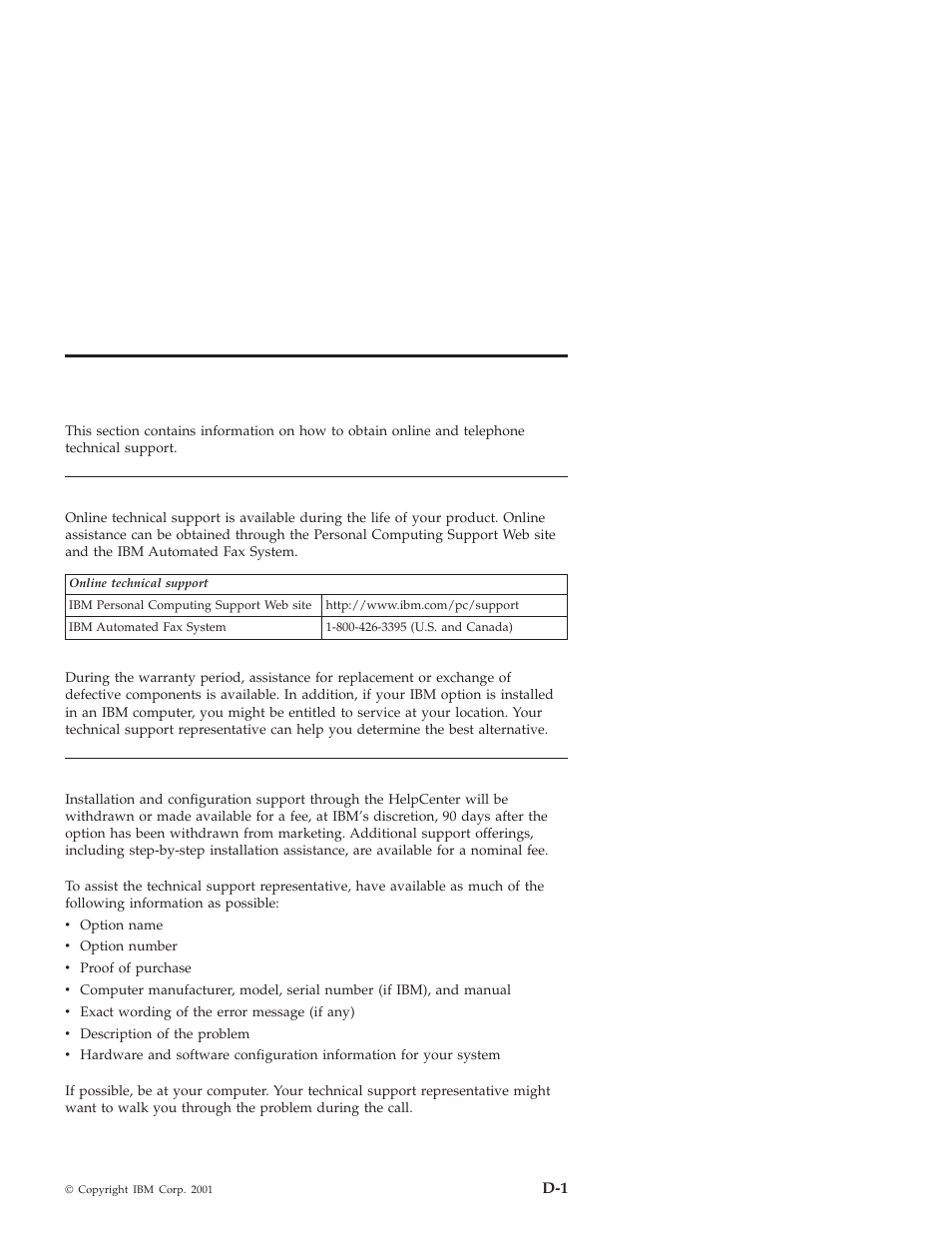 Appendix d. help and service information, Online technical support, Telephone technical support | IBM MOBILE COMBO ADAPTER PRO/100 SP User Manual | Page 45 / 72