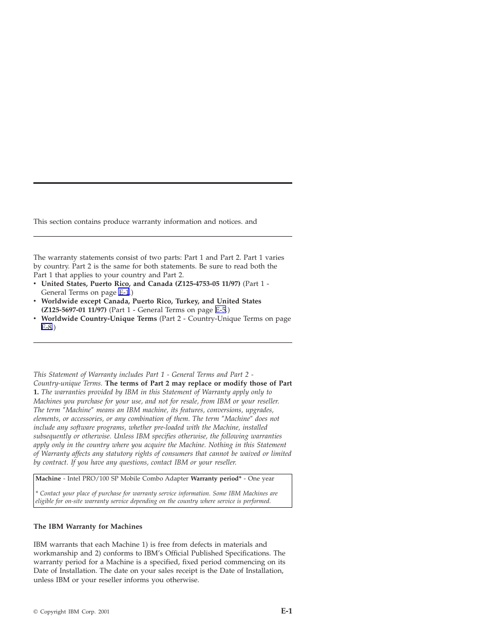 Appendix e. product warranty and notices, Warranty statements | IBM MOBILE COMBO ADAPTER PRO/100 SP User Manual | Page 47 / 72