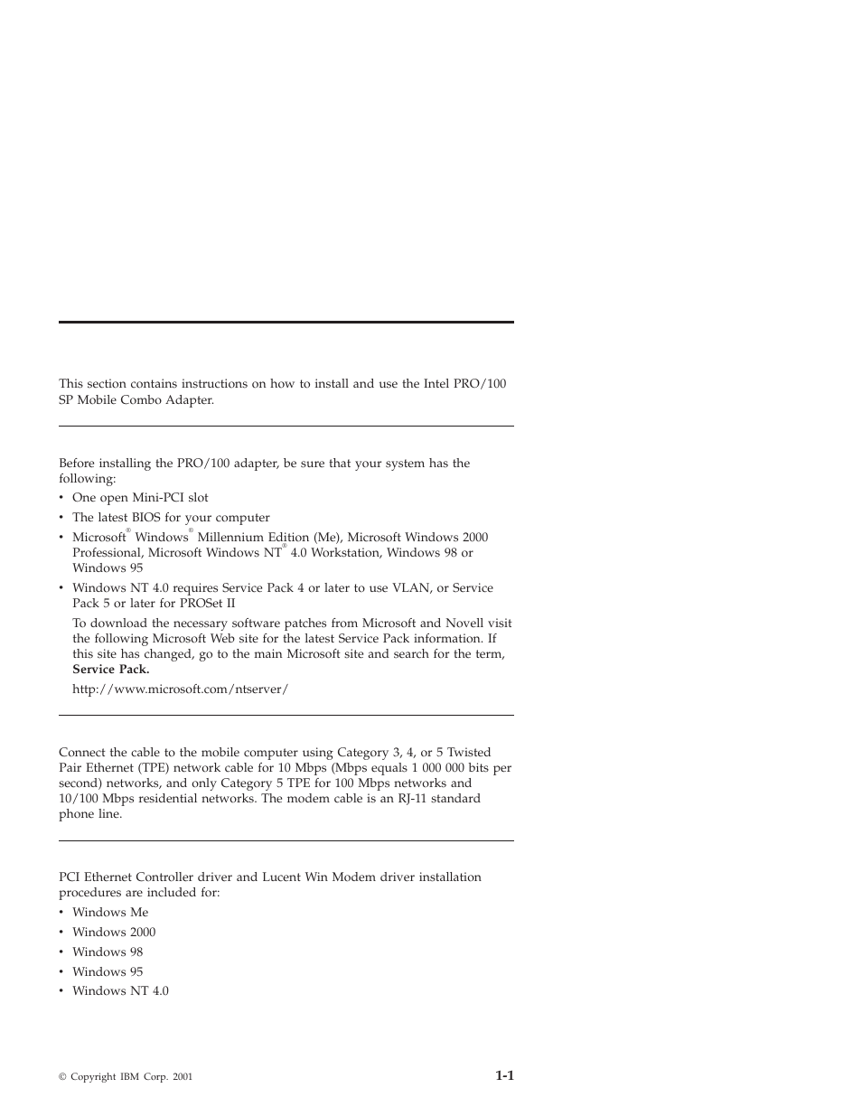 Part 1: installation and user’s guide, System requirements, Attach the network and modem cables | Installing ethernet and modem device drivers | IBM MOBILE COMBO ADAPTER PRO/100 SP User Manual | Page 9 / 72