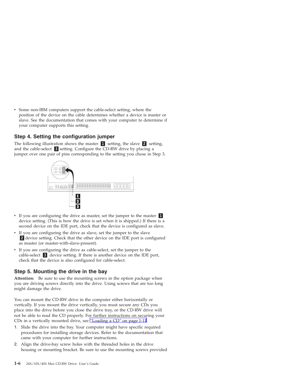 Step 4. setting the configuration jumper, Step 5. mounting the drive in the bay | IBM 22P6969 User Manual | Page 14 / 54