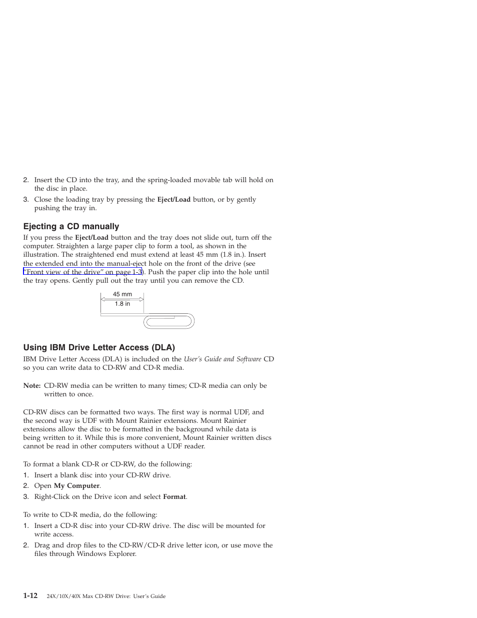 Ejecting a cd manually, Using ibm drive letter access (dla) | IBM 22P6969 User Manual | Page 20 / 54