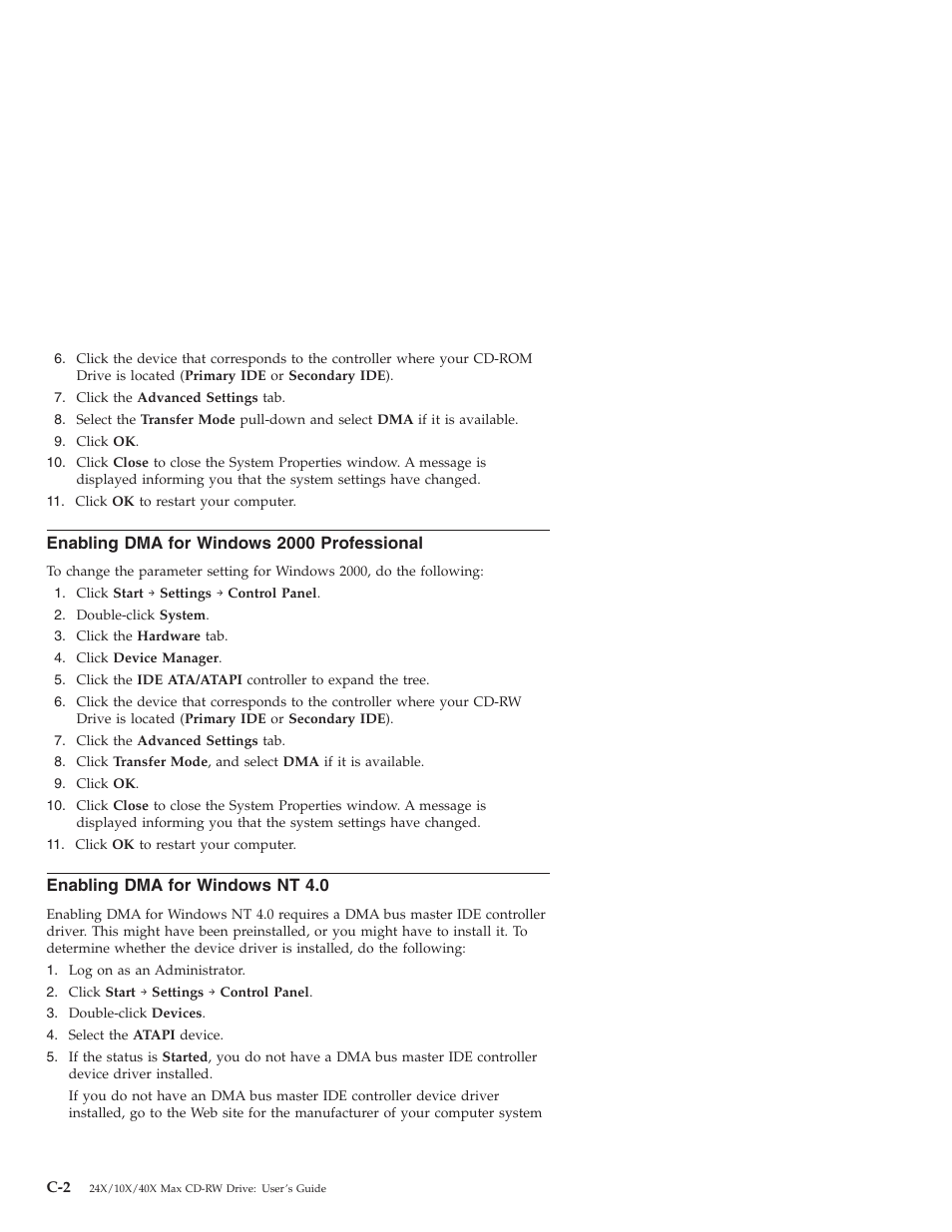 Enabling dma for windows 2000 professional, Enabling dma for windows nt 4.0 | IBM 22P6969 User Manual | Page 34 / 54
