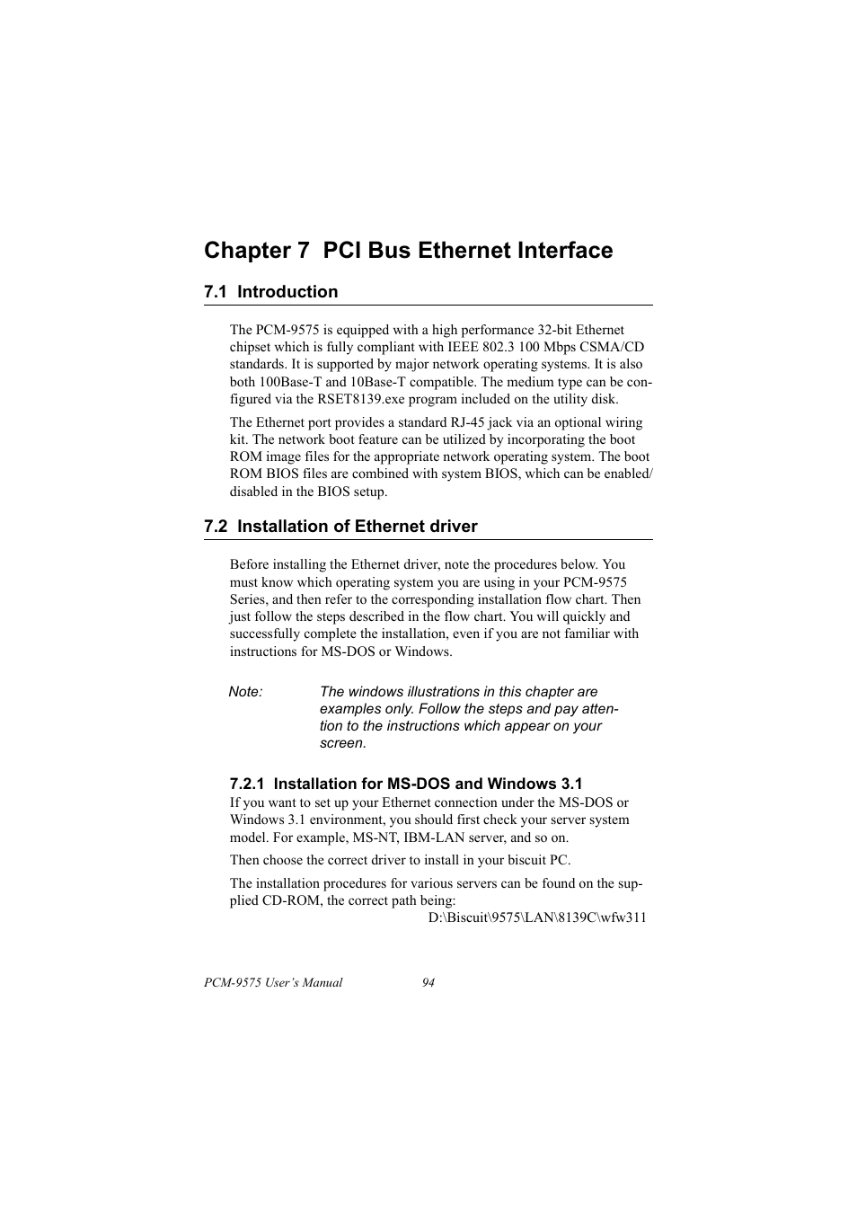 1 introduction, 2 installation of ethernet driver, 1 installation for ms-dos and windows 3.1 | Introduction, Installation of ethernet driver, Chapter 7 pci bus ethernet interface | IBM 100/10 User Manual | Page 104 / 162