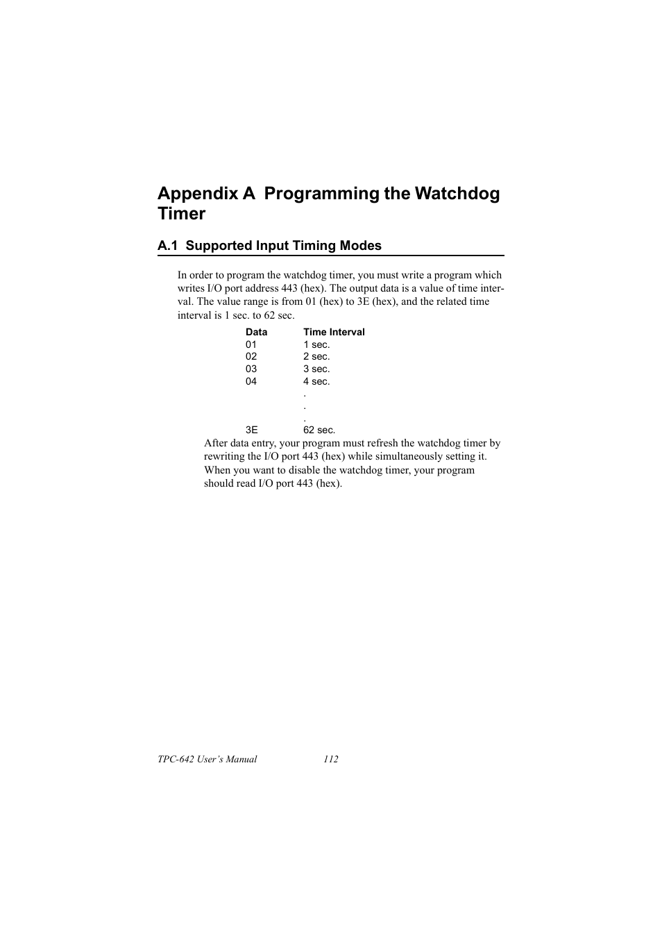 A.1 supported input timing modes, Supported input timing modes, Appendix a programming the watchdog timer | IBM 100/10 User Manual | Page 122 / 162