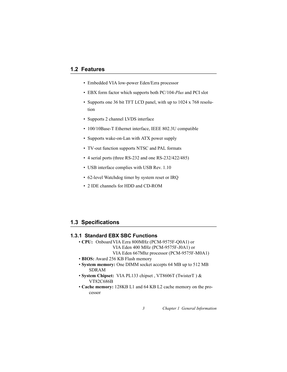 2 features, 3 specifications, 1 standard ebx sbc functions | Chapter, 1 general information | IBM 100/10 User Manual | Page 13 / 162
