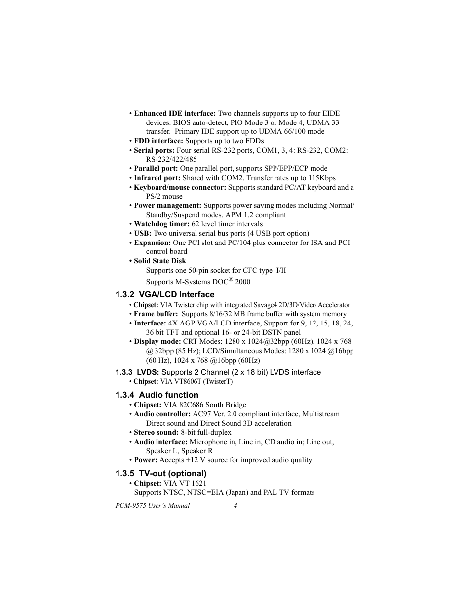 2 vga/lcd interface, 4 audio function, 5 tv-out (optional) | Introduction, Features, Specifications | IBM 100/10 User Manual | Page 14 / 162