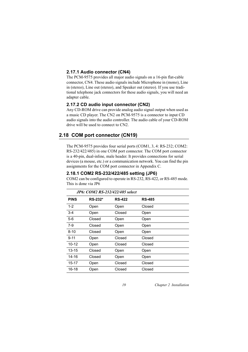 1 audio connector (cn4), 2 cd audio input connector (cn2), 18 com port connector (cn19) | 1 com2 rs-232/422/485 setting (jp6), Com port connector (cn19), 1com2 rs-232/422/485 setting (jp6) | IBM 100/10 User Manual | Page 29 / 162