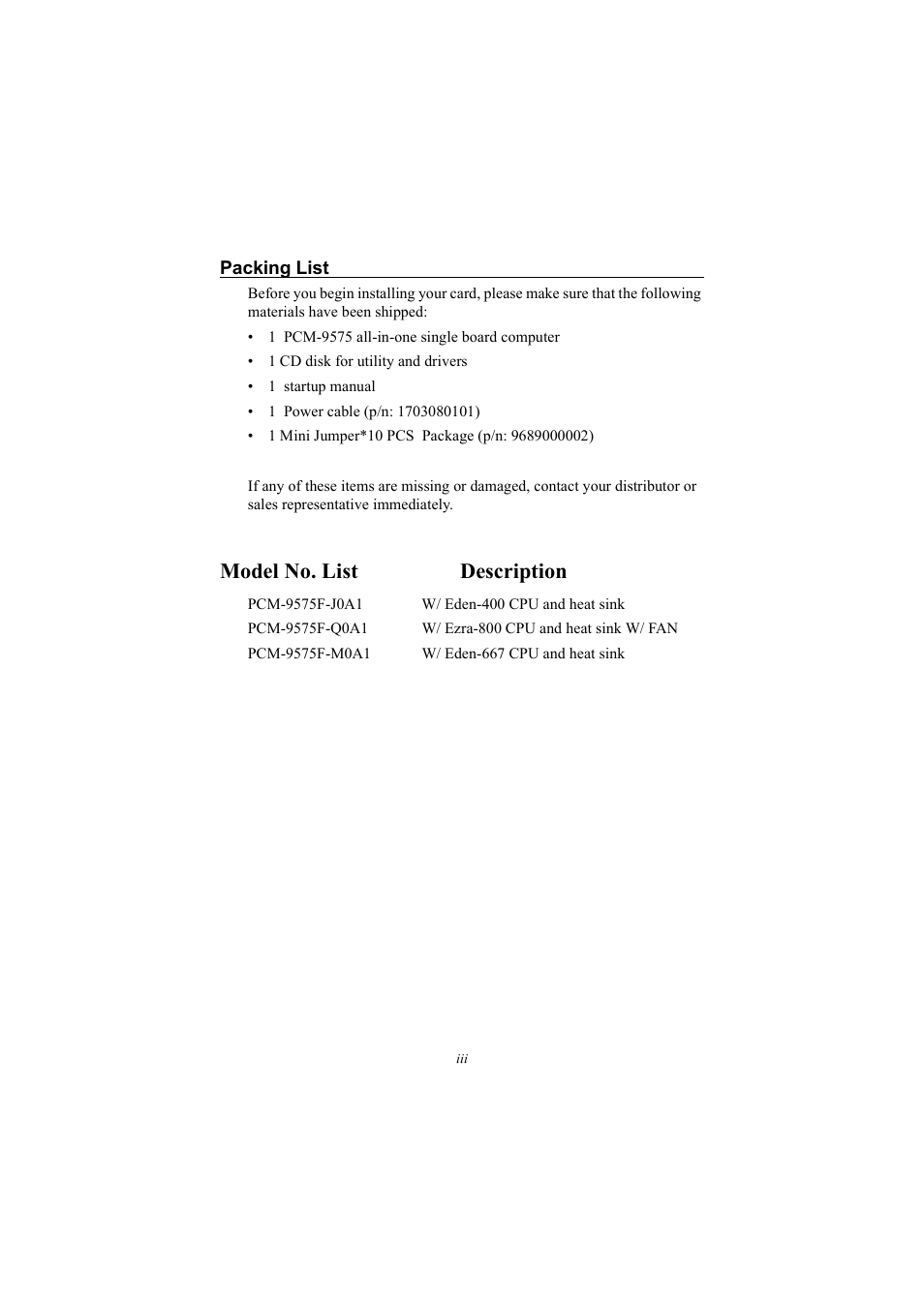 Model no. list description | IBM 100/10 User Manual | Page 3 / 162