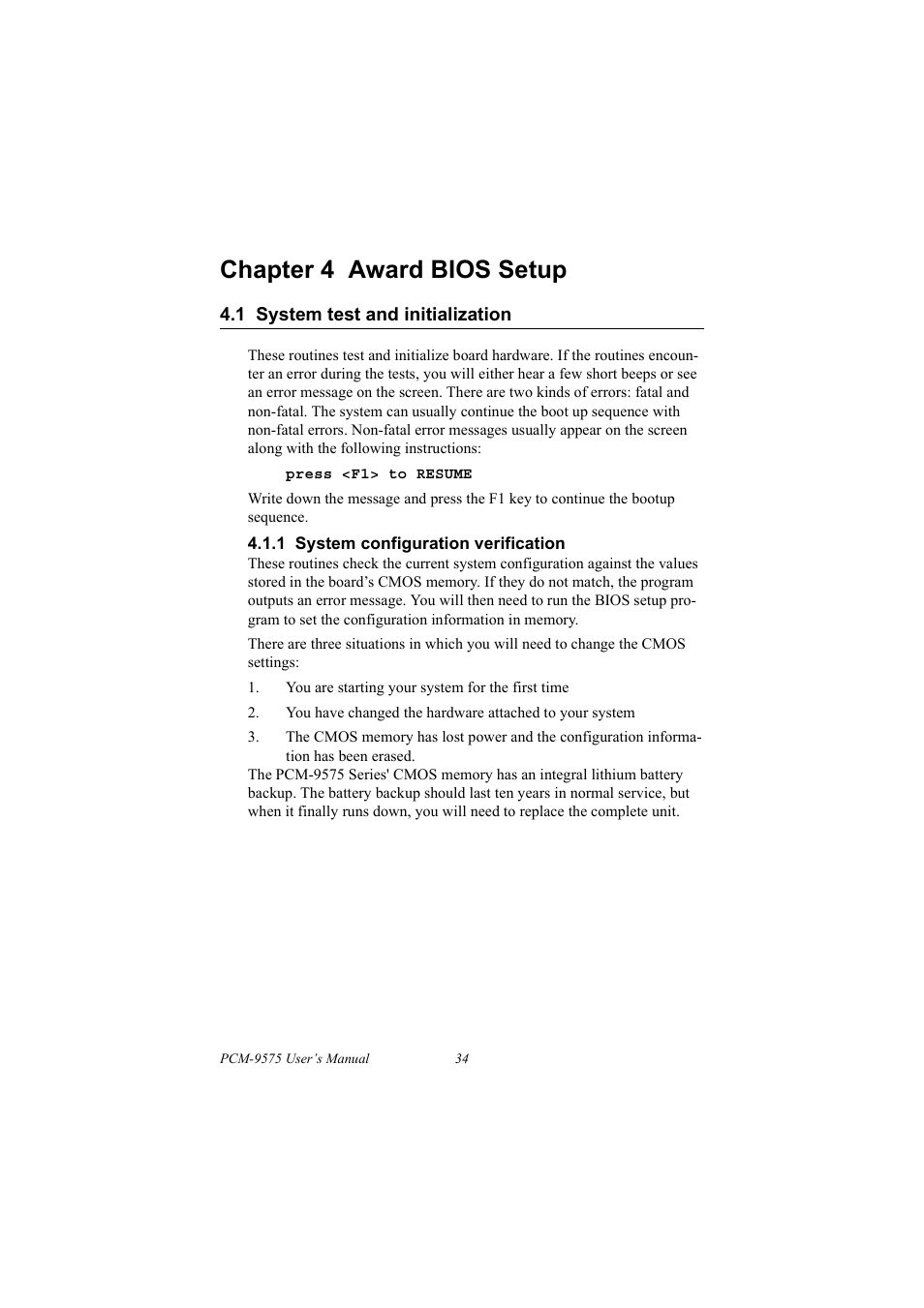1 system test and initialization, 1 system configuration verification, System test and initialization | Chapter 4 award bios setup | IBM 100/10 User Manual | Page 44 / 162