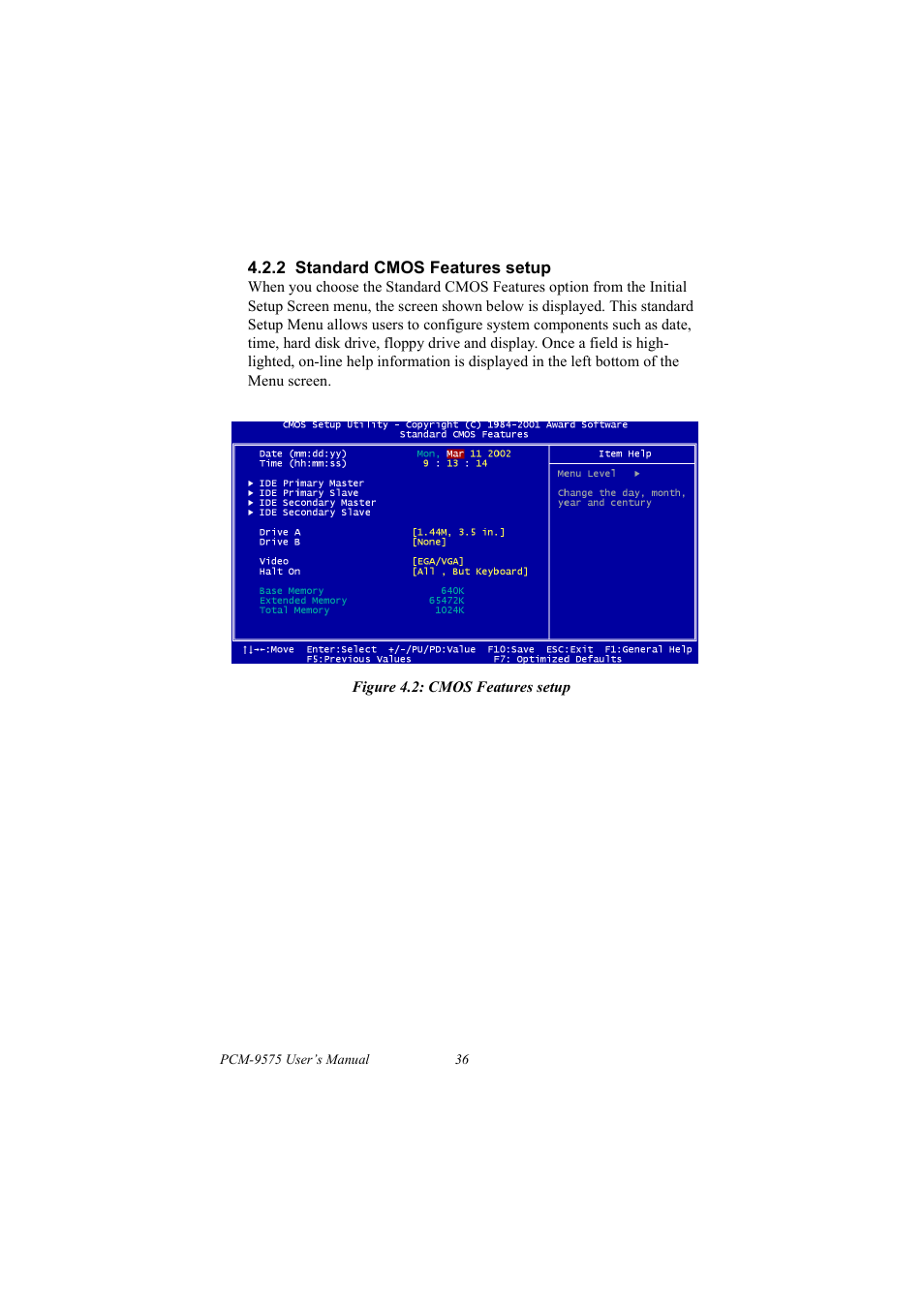 2 standard cmos features setup, Figure 4.2: cmos features setup | IBM 100/10 User Manual | Page 46 / 162