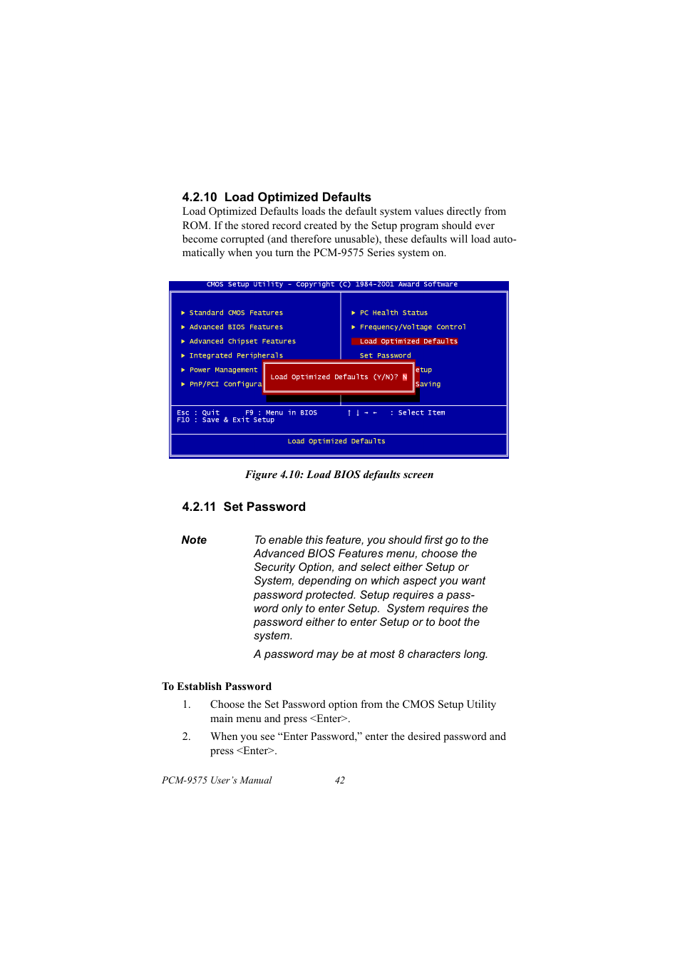 10 load optimized defaults, Figure 4.10: load bios defaults screen, 11 set password | 10load optimized defaults, Figure 4.10:load bios defaults screen, 11set password | IBM 100/10 User Manual | Page 52 / 162