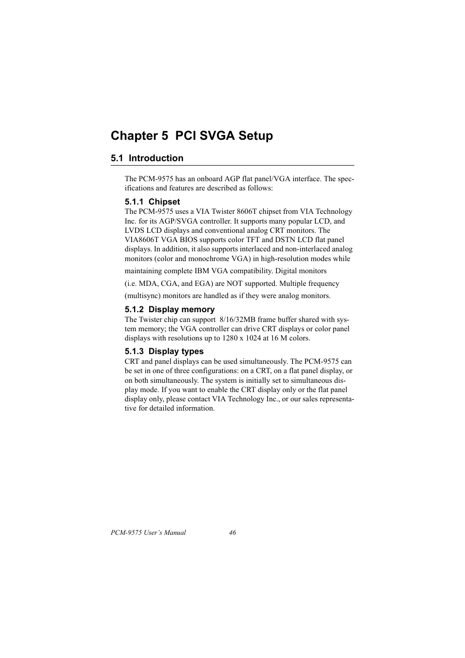 1 introduction, 1 chipset, 2 display memory | 3 display types, Introduction, 1 chipset 5.1.2 display memory 5.1.3 display types, Chapter 5 pci svga setup | IBM 100/10 User Manual | Page 56 / 162