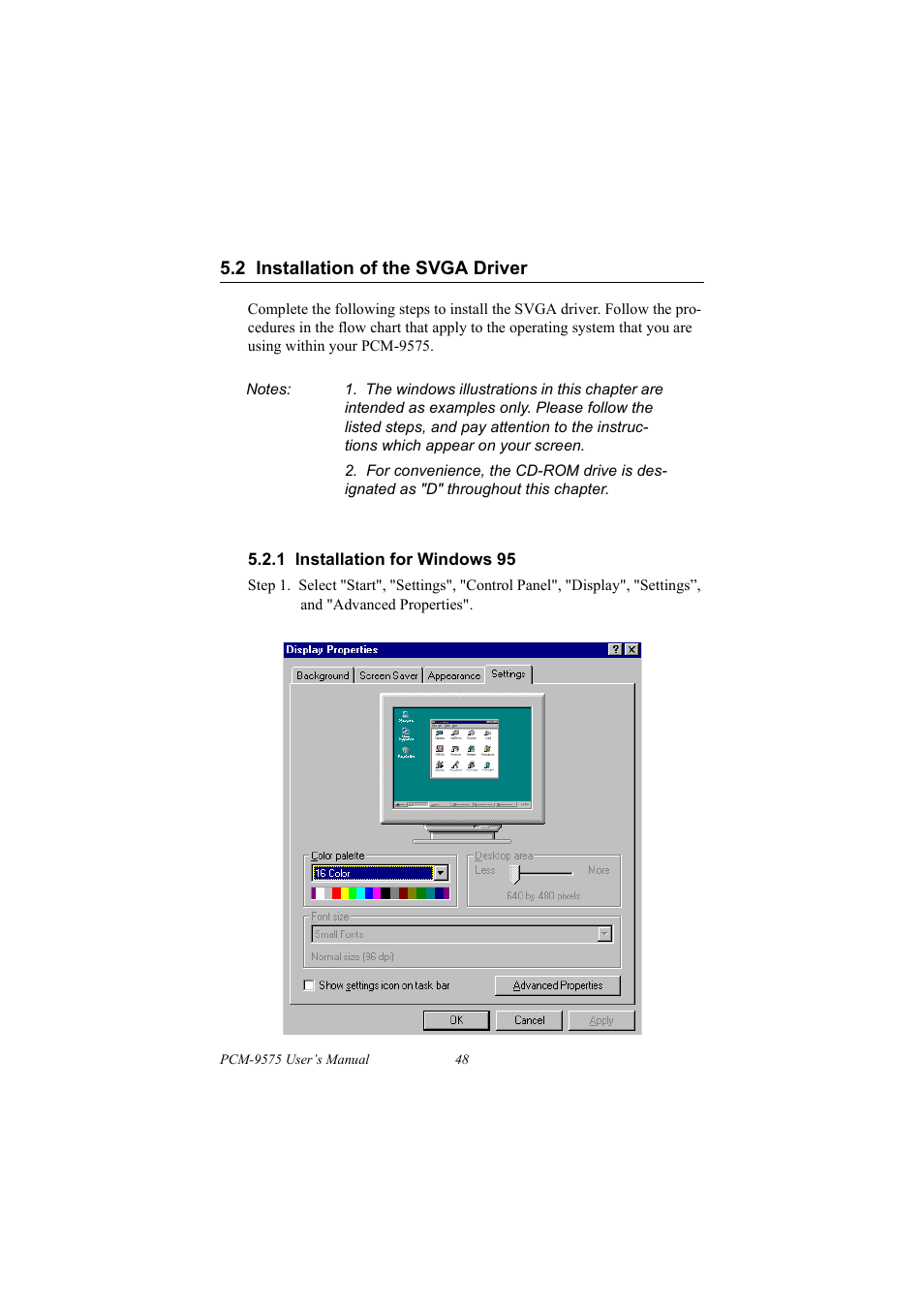 2 installation of the svga driver, 1 installation for windows 95, Installation of the svga driver | IBM 100/10 User Manual | Page 58 / 162