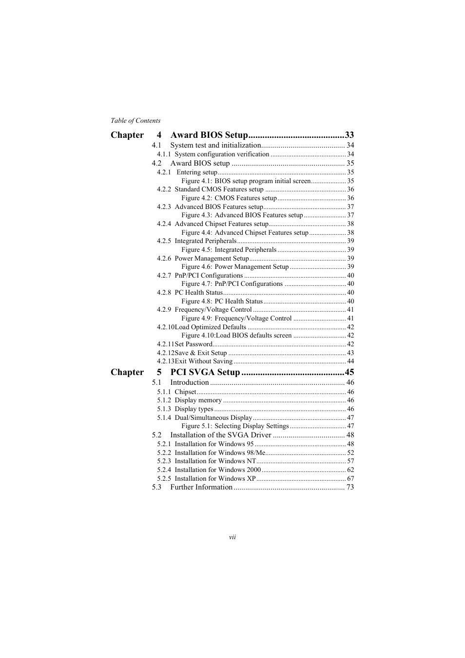 Chapter 4 award bios setup, Chapter 5 pci svga setup | IBM 100/10 User Manual | Page 7 / 162