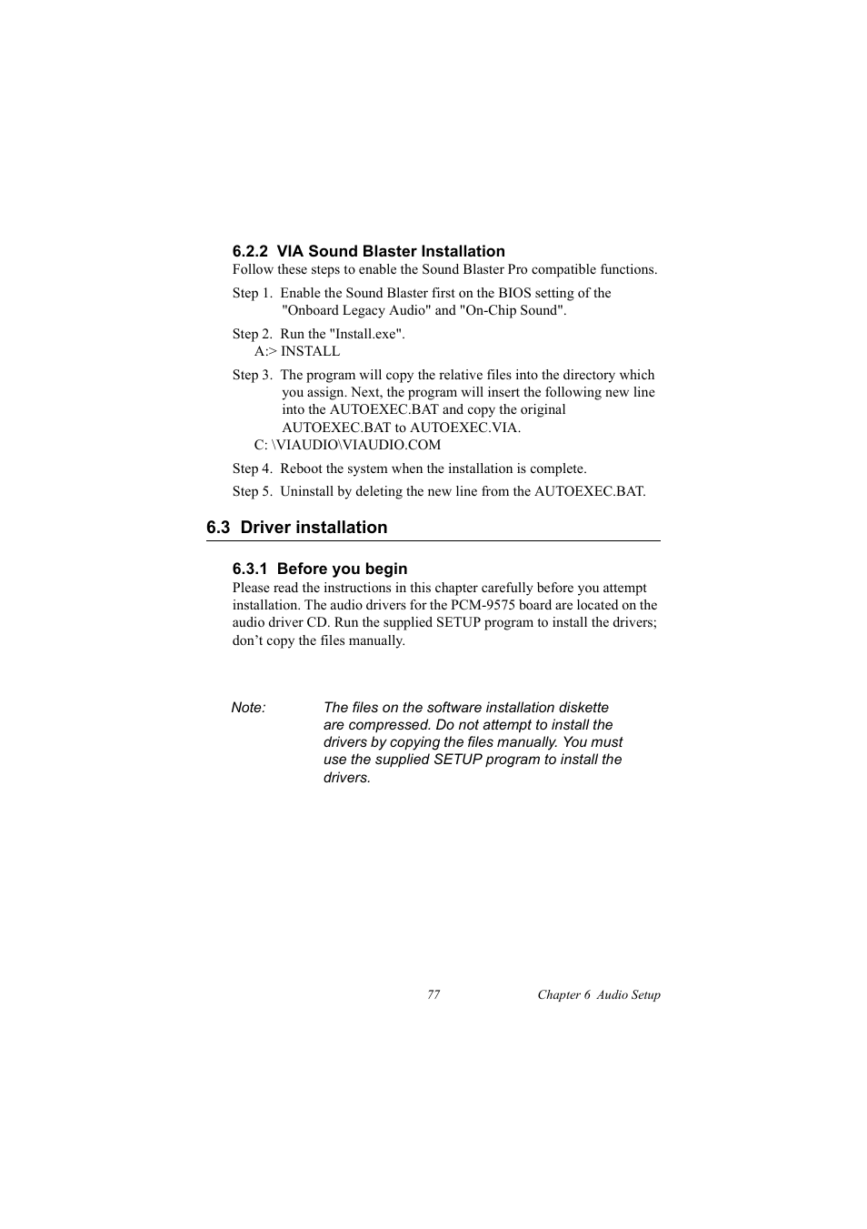 2 via sound blaster installation, 3 driver installation, 1 before you begin | Driver installation | IBM 100/10 User Manual | Page 87 / 162