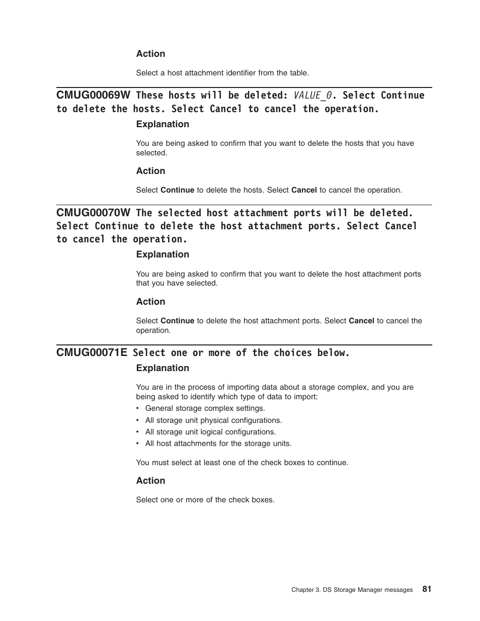 Cmug00071e select one or more of the choices below, These, Hosts | Will, Deleted, Value_0, Select, Continue, Delete, Cancel | IBM TOTAL STORAGE DS8000 User Manual | Page 101 / 374