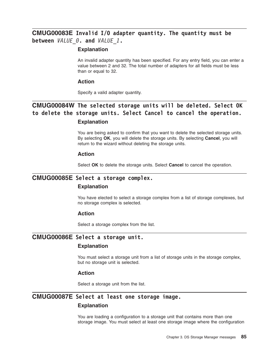 Cmug00085e select a storage complex, Cmug00086e select a storage unit, Cmug00087e select at least one storage image | Invalid, Adapter, Quantity, Must, Between, Value_0, Value_1 | IBM TOTAL STORAGE DS8000 User Manual | Page 105 / 374