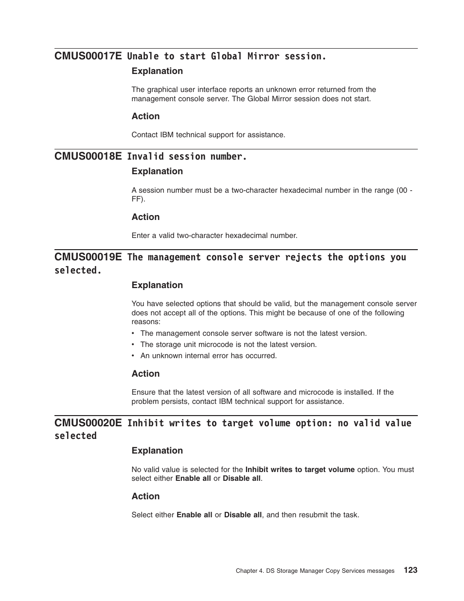 Cmus00017e unable to start global mirror session, Cmus00018e invalid session number, Unable | Start, Global, Mirror, Session, Invalid, Number, Management | IBM TOTAL STORAGE DS8000 User Manual | Page 143 / 374