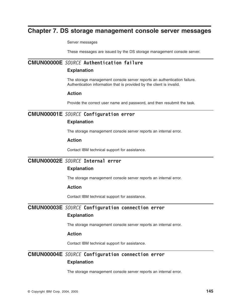 Cmun00000e source authentication failure, Cmun00001e source configuration error, Cmun00002e source internal error | Cmun00003e source configuration connection error, Cmun00004e source configuration connection error, Chapter, Storage, Management, Console, Server | IBM TOTAL STORAGE DS8000 User Manual | Page 165 / 374