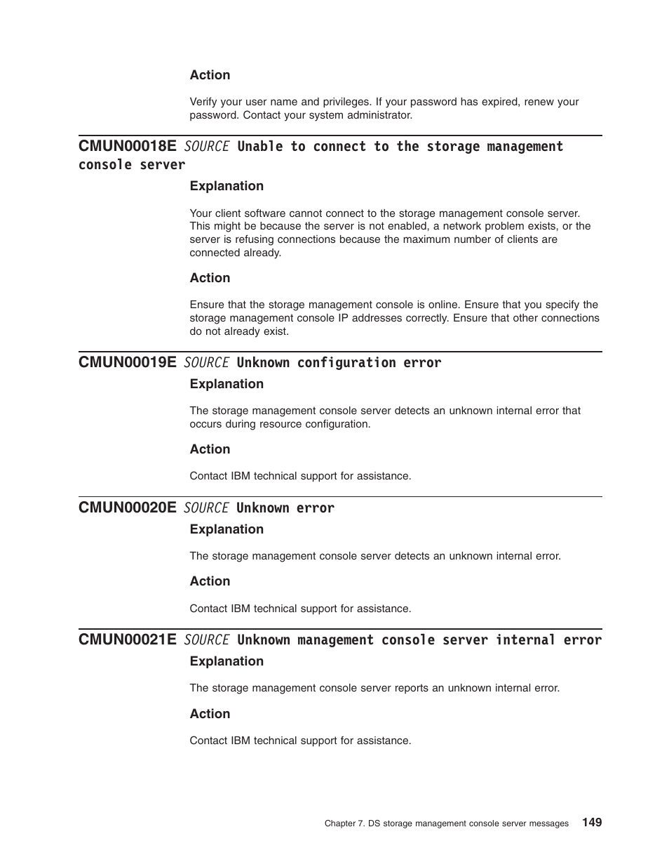 Cmun00019e source unknown configuration error, Cmun00020e source unknown error, Source | Unable, Connect, Storage, Management, Console, Server, Unknown | IBM TOTAL STORAGE DS8000 User Manual | Page 169 / 374