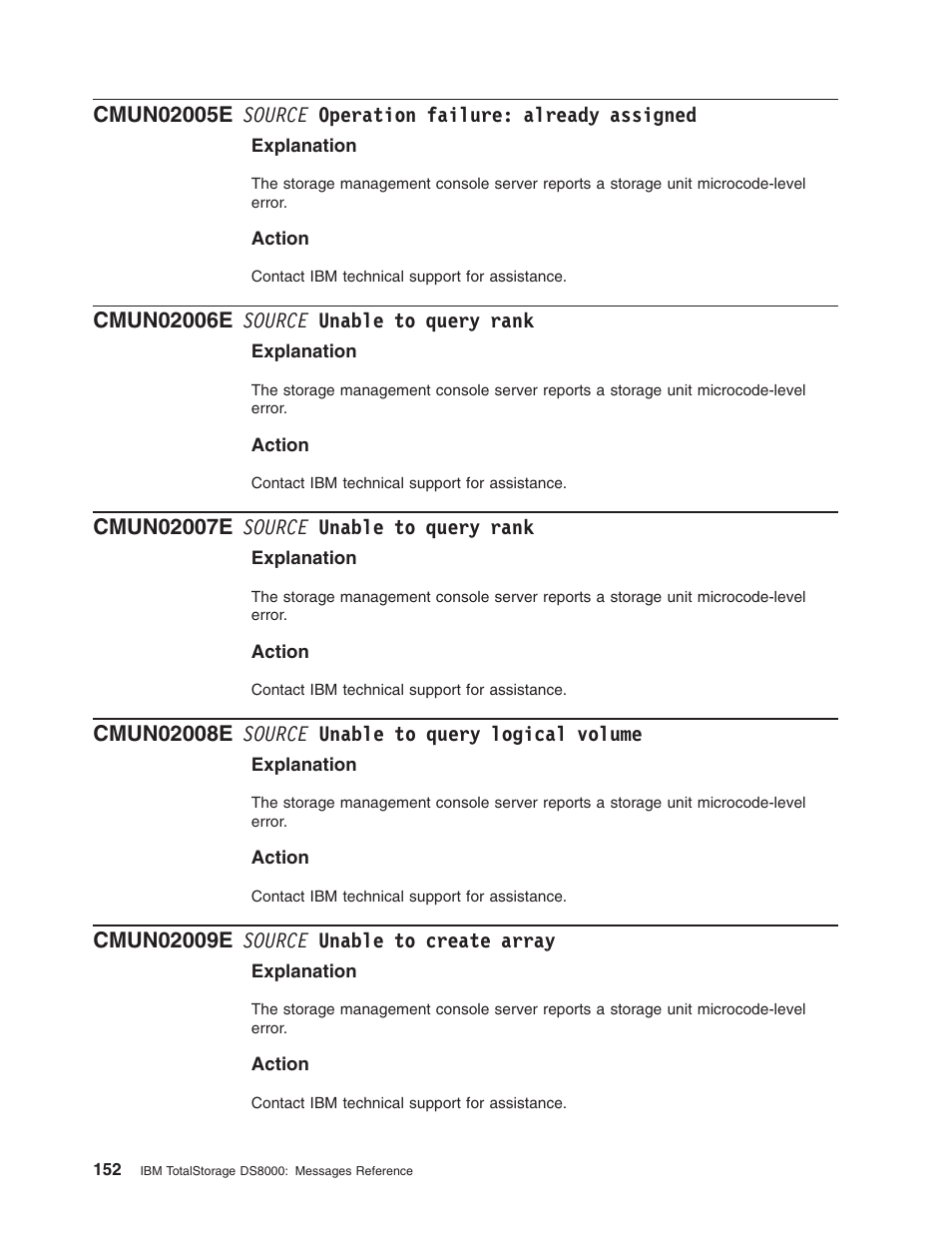Cmun02006e source unable to query rank, Cmun02007e source unable to query rank, Cmun02008e source unable to query logical volume | Cmun02009e source unable to create array, Source, Operation, Failure, Already, Assigned, Unable | IBM TOTAL STORAGE DS8000 User Manual | Page 172 / 374