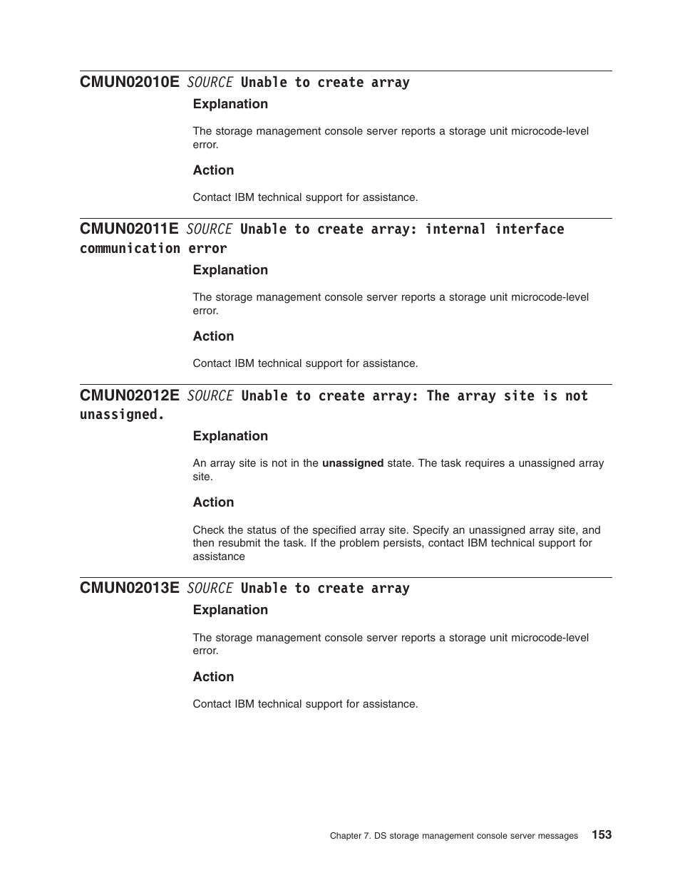 Cmun02010e source unable to create array, Cmun02013e source unable to create array, Source | Unable, Create, Array, Internal, Interface, Communication, Error | IBM TOTAL STORAGE DS8000 User Manual | Page 173 / 374