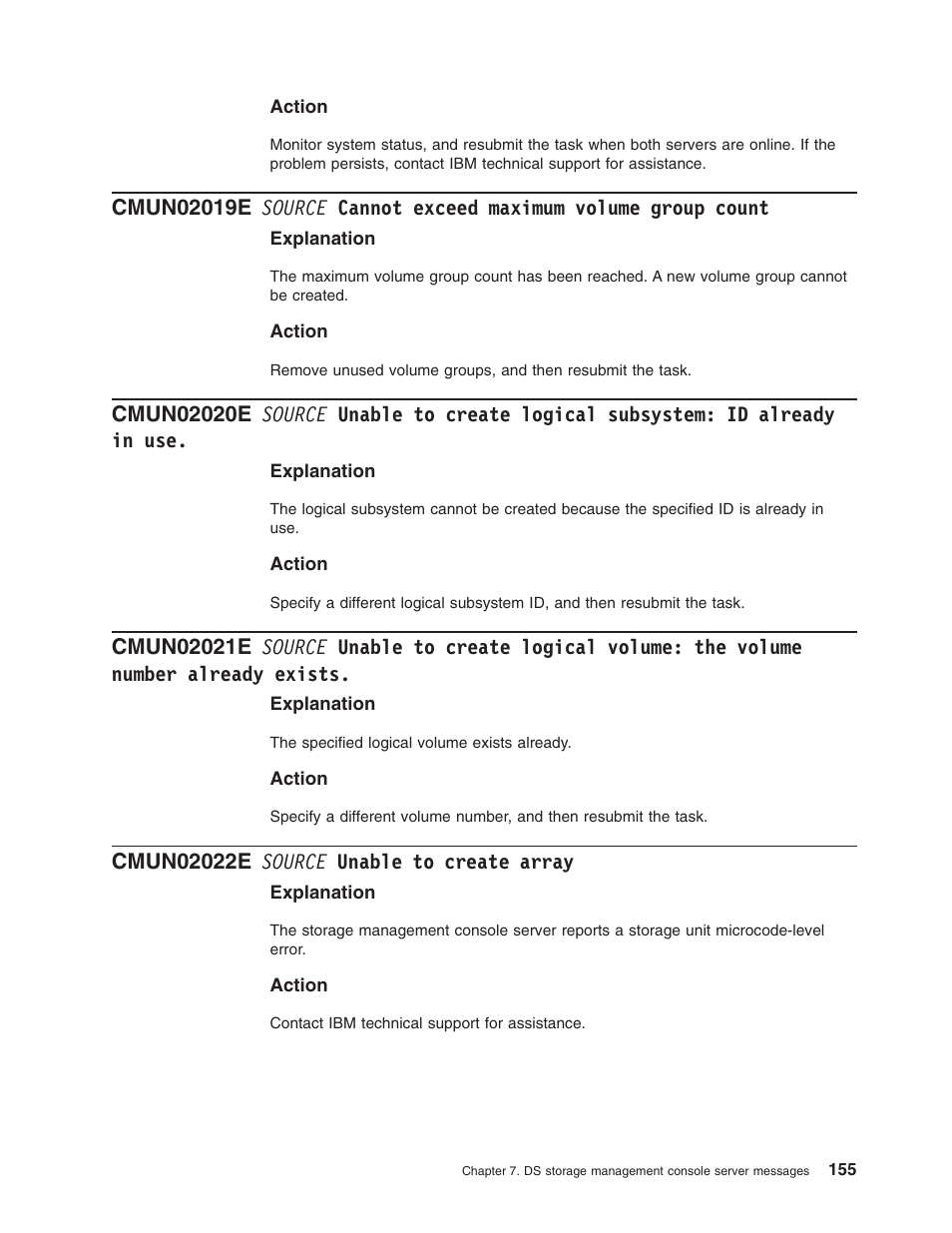 Cmun02022e source unable to create array, Source, Cannot | Exceed, Maximum, Volume, Group, Count, Unable, Create | IBM TOTAL STORAGE DS8000 User Manual | Page 175 / 374
