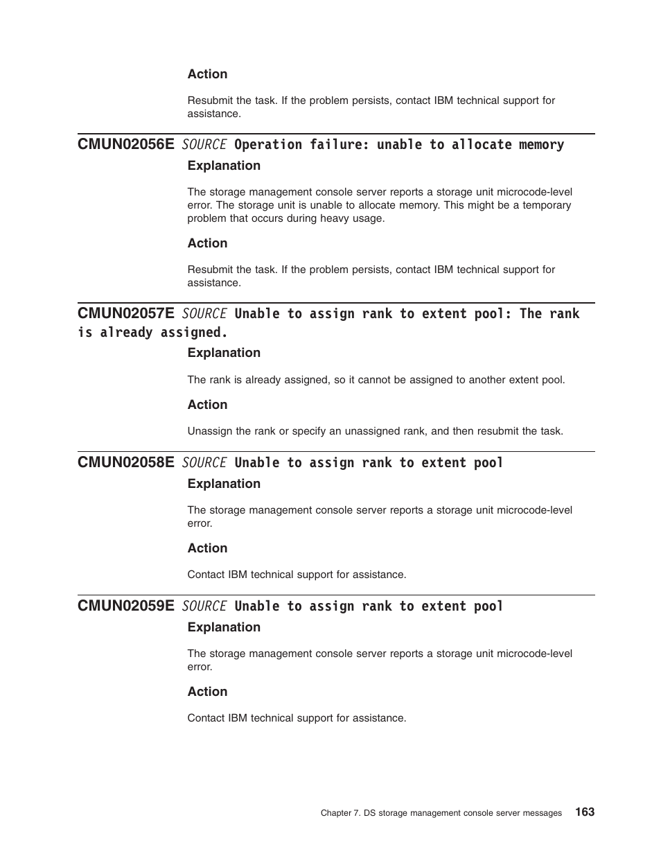 Source, Operation, Failure | Unable, Allocate, Assign, Rank, Extent, Pool, Already | IBM TOTAL STORAGE DS8000 User Manual | Page 183 / 374