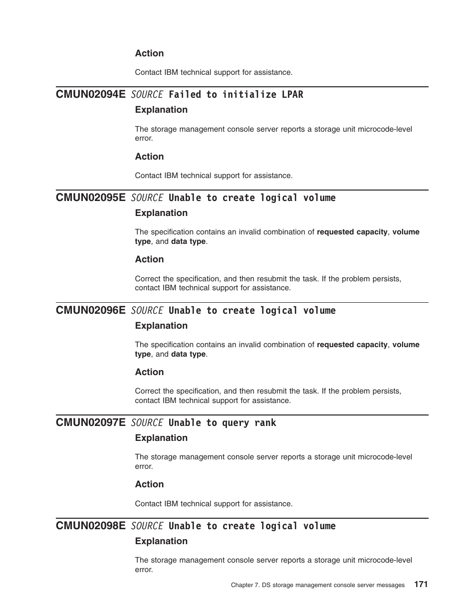 Cmun02094e source failed to initialize lpar, Cmun02095e source unable to create logical volume, Cmun02096e source unable to create logical volume | Cmun02097e source unable to query rank, Cmun02098e source unable to create logical volume, Source, Failed, Initialize, Lpar, Unable | IBM TOTAL STORAGE DS8000 User Manual | Page 191 / 374